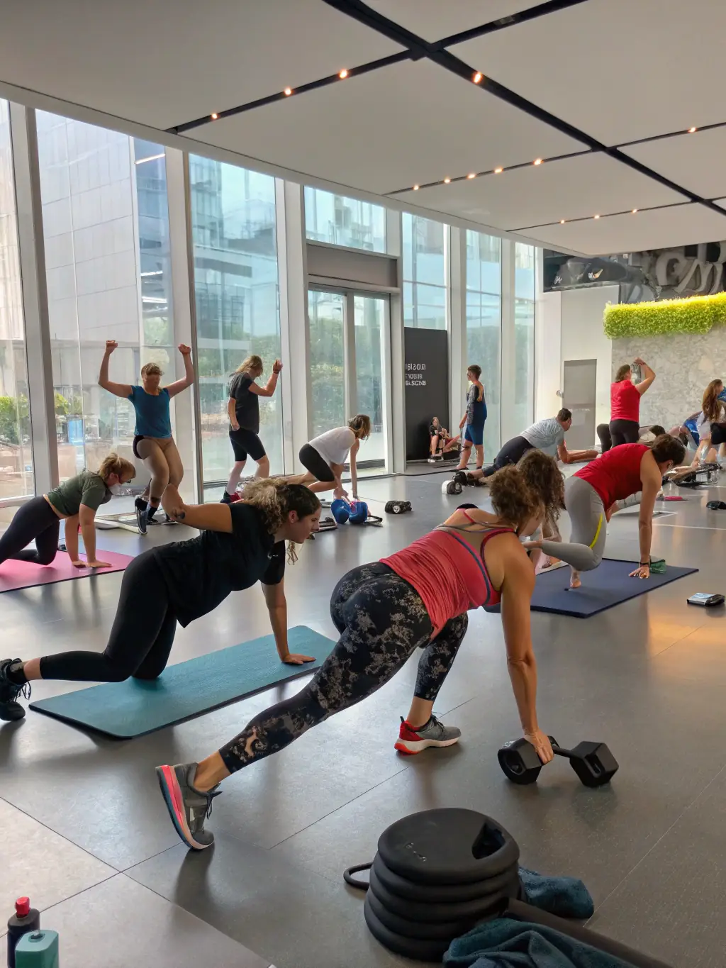 A brightly lit, modern fitness studio with a virtual class in progress, showcasing members actively participating and enjoying the workout. The screen displays a Les Mills instructor leading the class.