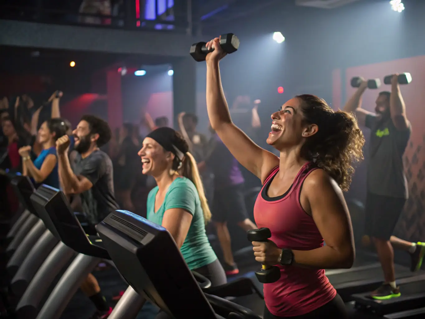 A brightly lit, modern fitness studio with a large screen displaying a virtual Les Mills class, showcasing members actively participating and enjoying the workout.