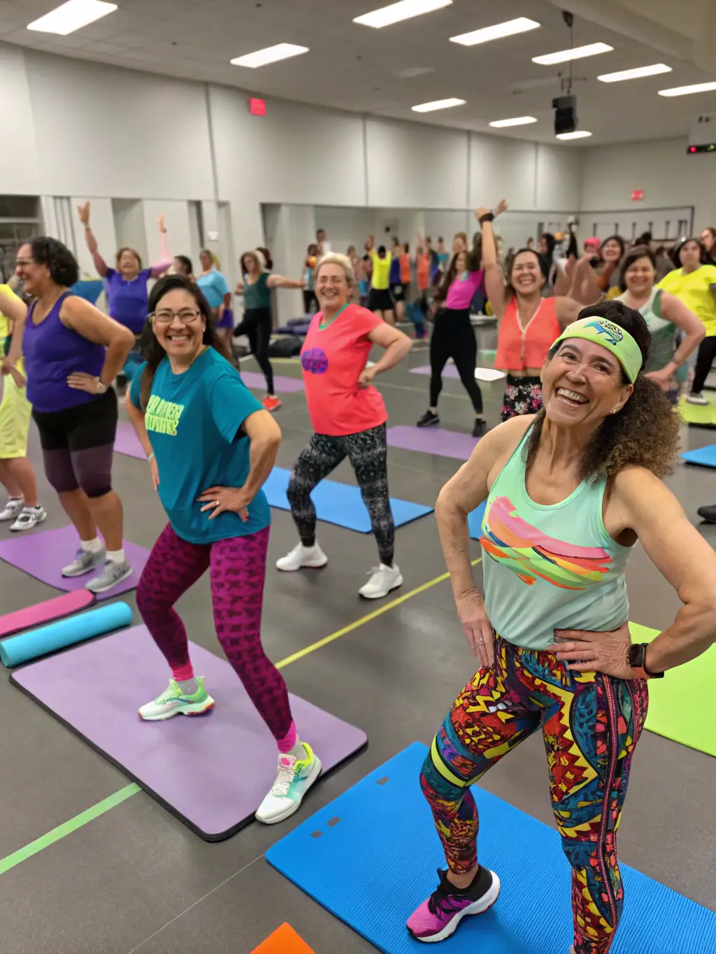 A diverse group of people enjoying a virtual fitness class in a studio, with a focus on the community aspect and the ability to cater to different fitness levels and preferences through Gymstream's content library.