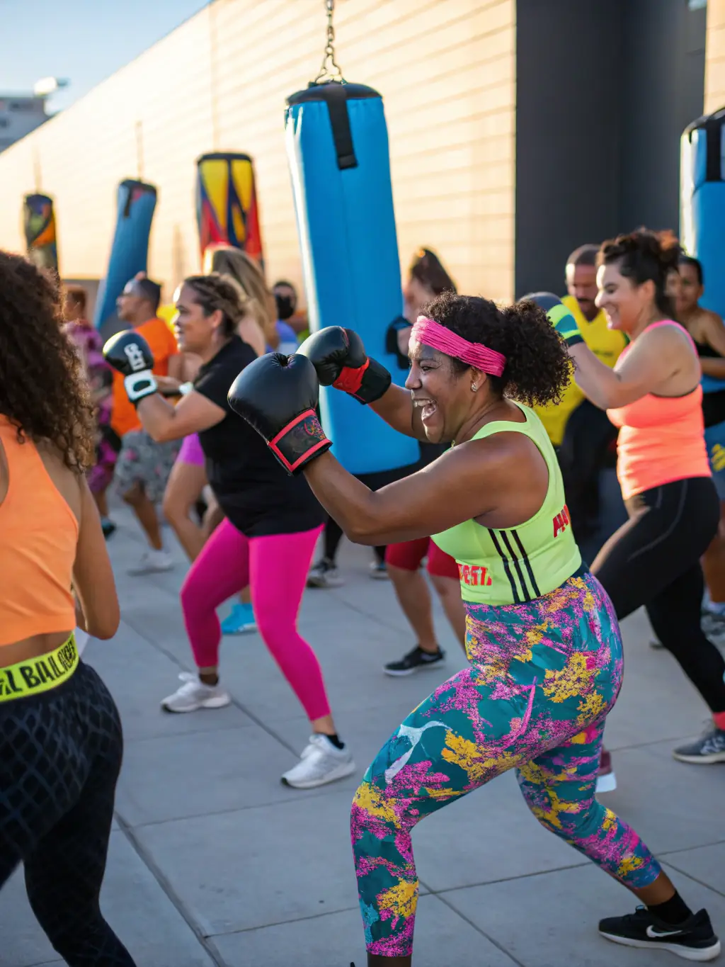 A vibrant, high-energy image of a Les Mills Bodycombat class in action, participants throwing punches and kicks with synchronized intensity, showcasing the dynamic and engaging nature of the workout.