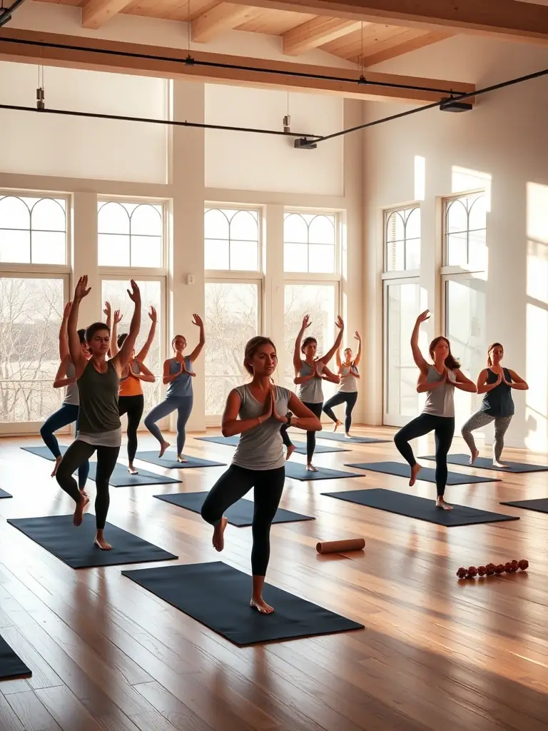 A visually appealing image of a Les Mills Bodyflow class, showing participants in graceful yoga poses, emphasizing the calming and restorative aspects of the workout.